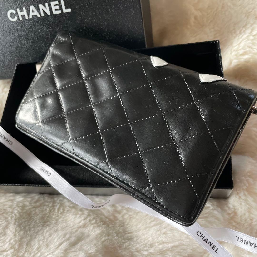 シャネル CHANEL 財布 二つ折りカンボンライン ココ 黒 白 ピンク