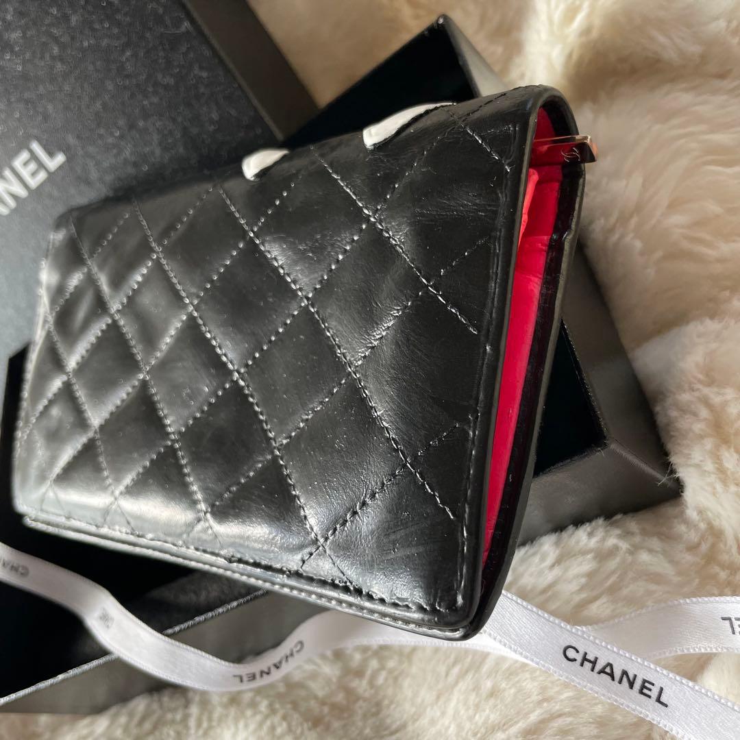 シャネル CHANEL 財布 二つ折りカンボンライン ココ 黒 白 ピンク