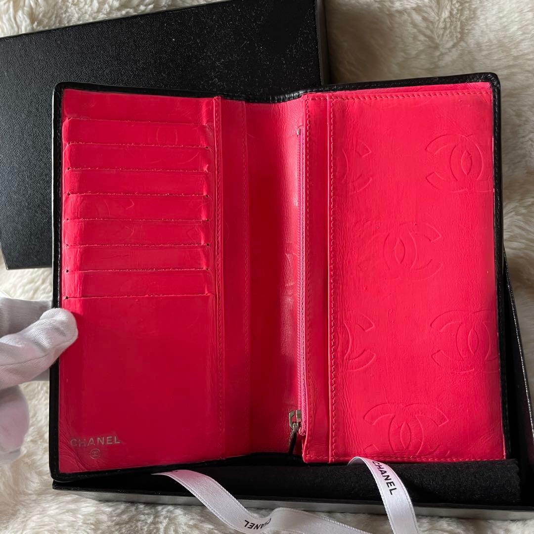 シャネル CHANEL 財布 二つ折りカンボンライン ココ 黒 白 ピンク