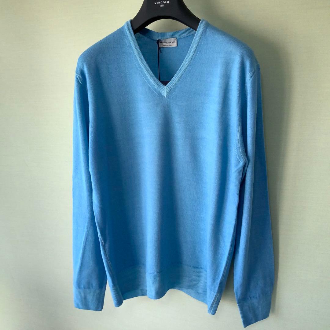 新品MORGANOモルガーノ ウールVネックニット50 ブルー イタリア製