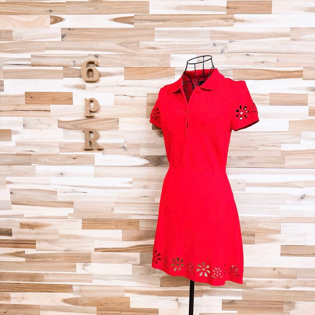 【ザラ】花柄 フラワー 刺繍カットワーク ミニ ニット ワンピース 半袖 S 赤