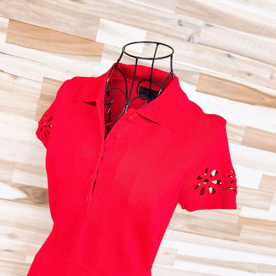 【ザラ】花柄 フラワー 刺繍カットワーク ミニ ニット ワンピース 半袖 S 赤