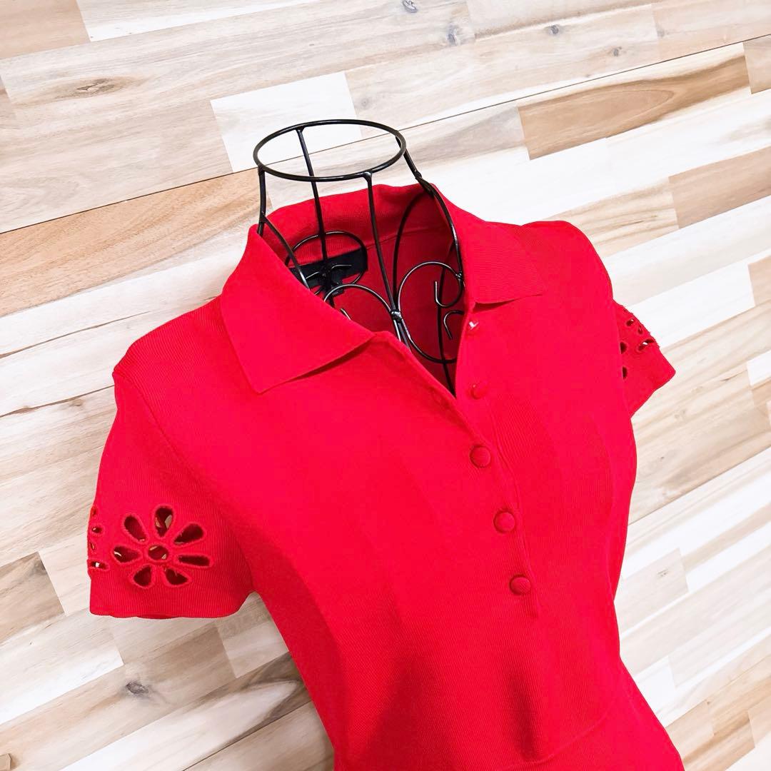 【ザラ】花柄 フラワー 刺繍カットワーク ミニ ニット ワンピース 半袖 S 赤