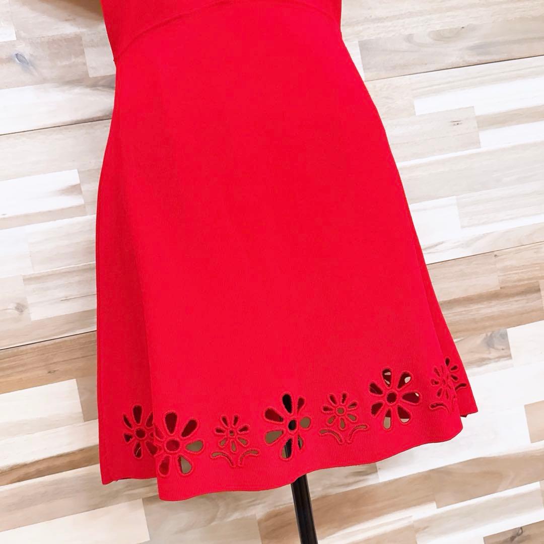 【ザラ】花柄 フラワー 刺繍カットワーク ミニ ニット ワンピース 半袖 S 赤