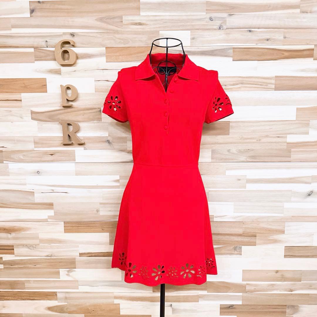 【ザラ】花柄 フラワー 刺繍カットワーク ミニ ニット ワンピース 半袖 S 赤
