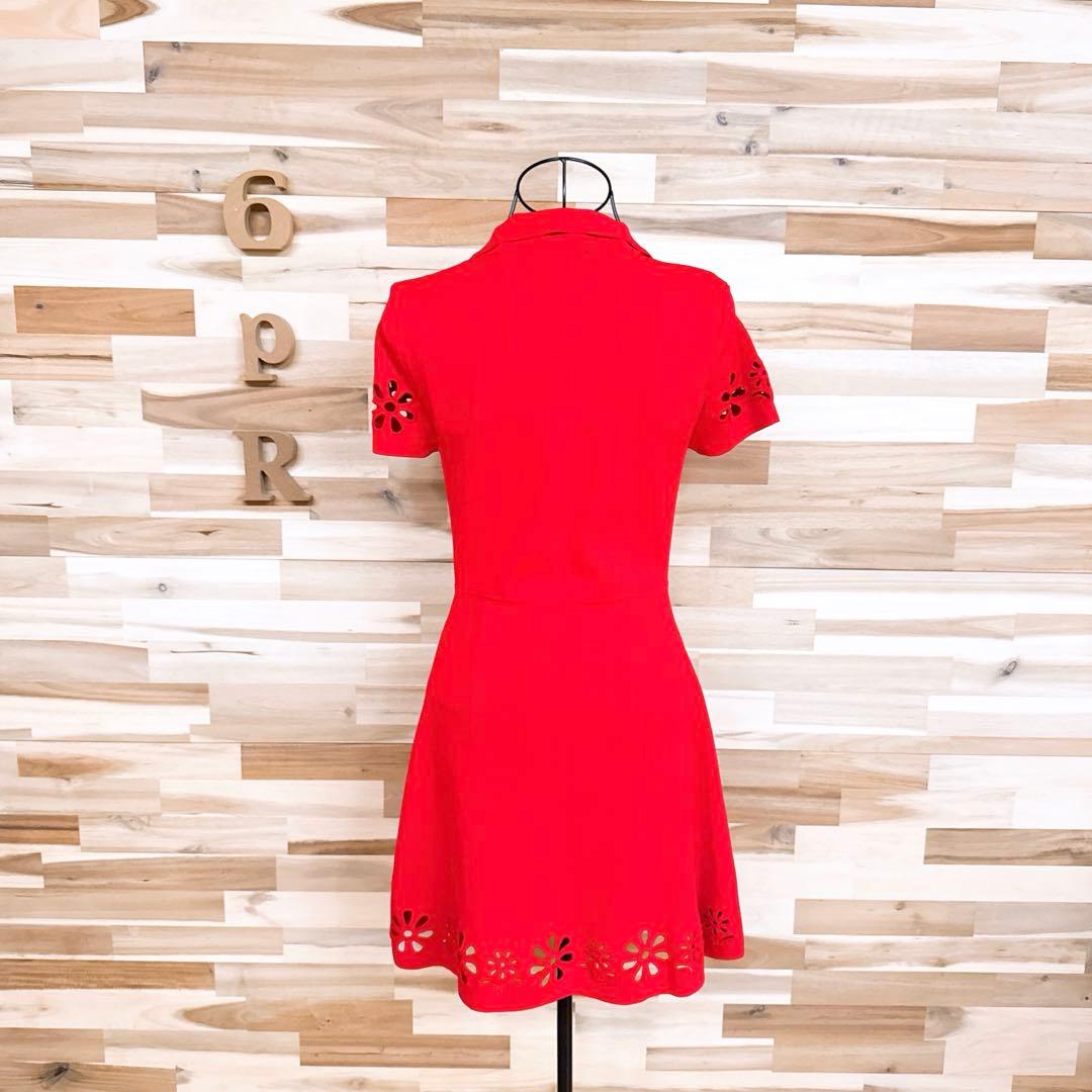 【ザラ】花柄 フラワー 刺繍カットワーク ミニ ニット ワンピース 半袖 S 赤