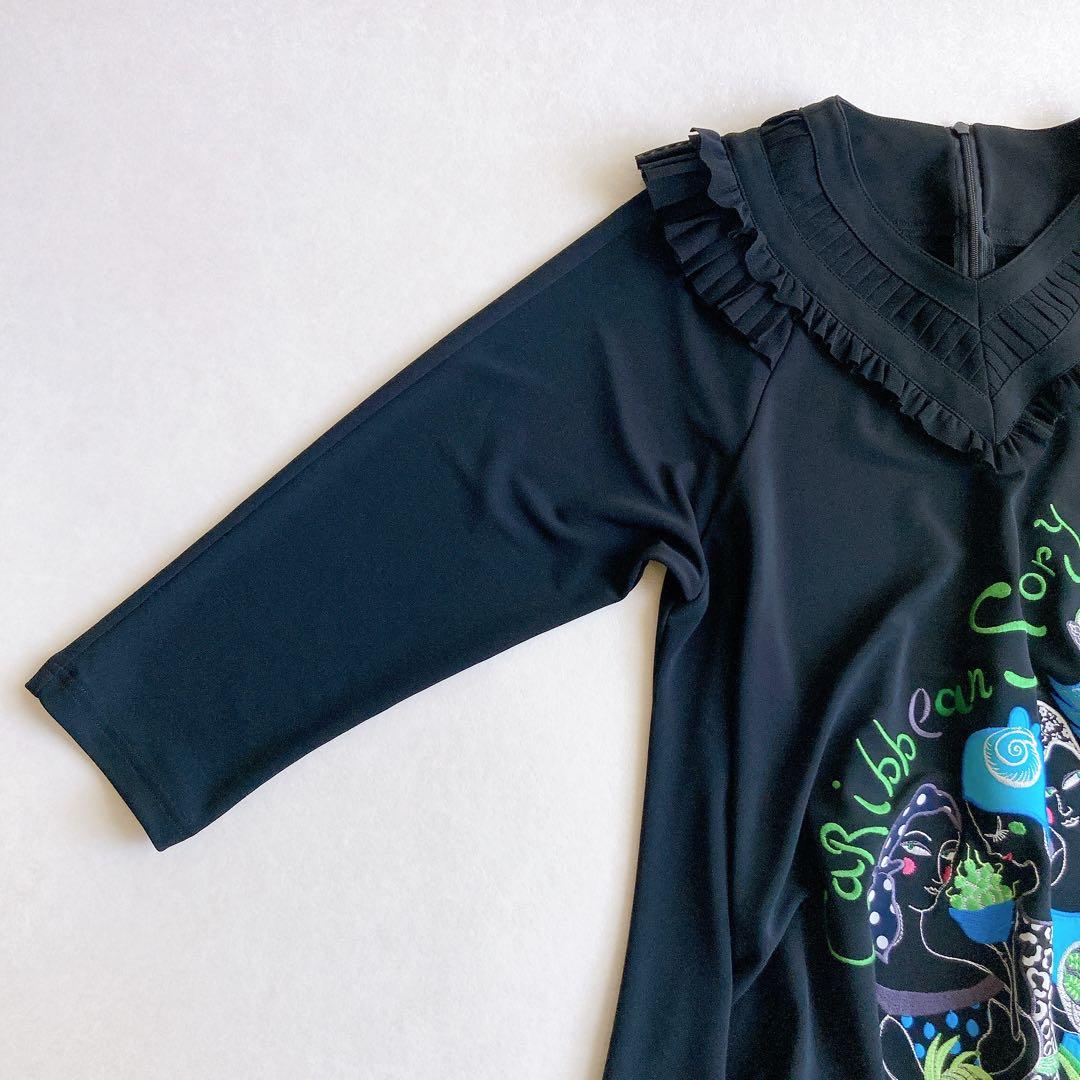 トクコプルミエヴォル エスニック柄 ゆったり 変形チュニックワンピース 刺繍 黒