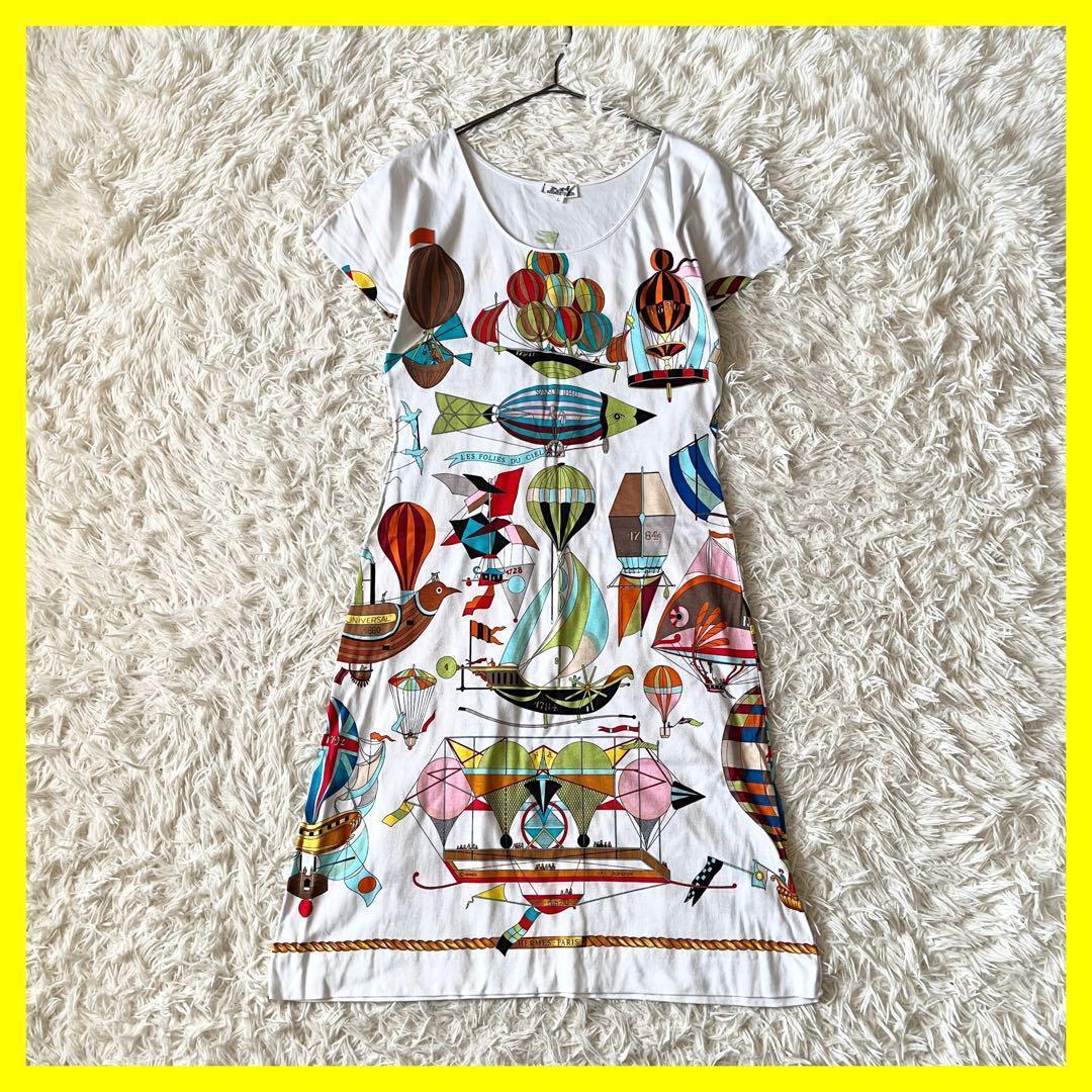 HERMES ワンピース　カラフル　バルーン　半袖　Lサイズ　ホワイト　白