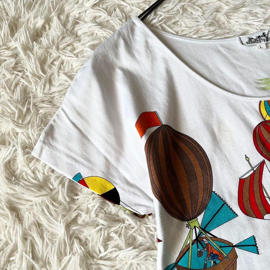 HERMES ワンピース　カラフル　バルーン　半袖　Lサイズ　ホワイト　白