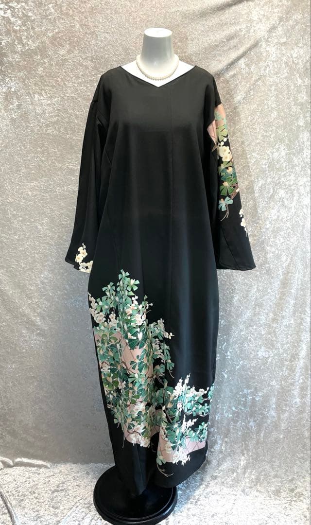 留袖ワンピース　4L/140　作家物/手描き友禅　V襟/フレア袖　正絹