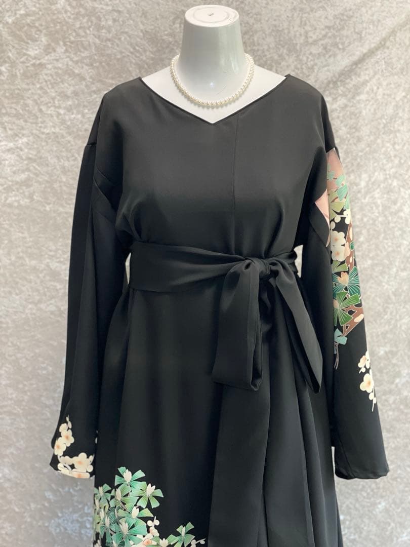 留袖ワンピース　4L/140　作家物/手描き友禅　V襟/フレア袖　正絹