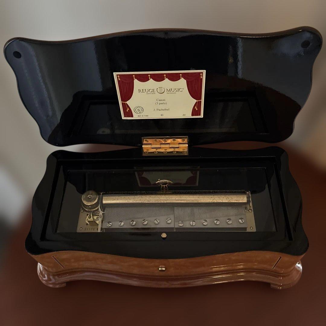 リュージュ　オルゴール　144弁　 白薔薇象嵌　共鳴箱　オルゴール療法 カノン