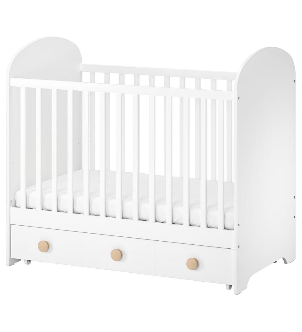 【未使用】ホワイト木製ベビーベッド 引き出し付き