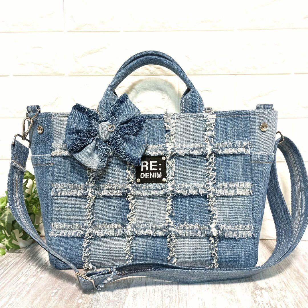 リメイクデニム★フリンジトートバッグM＋ショルダーストラップ
