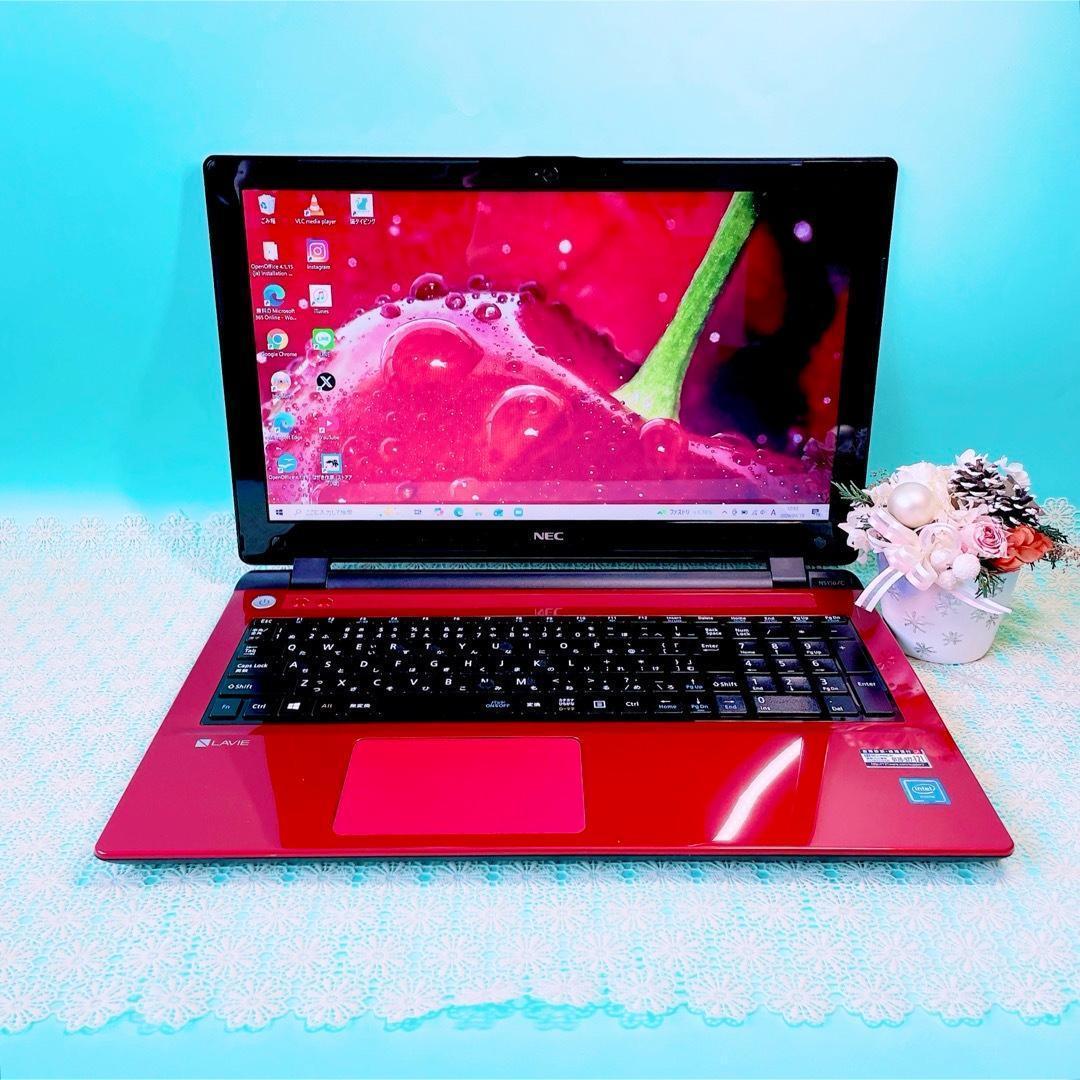 たっぷり大容量1TB✨️可愛い赤❣️薄型ノートパソコン✨️カメラ・テンキー付き事務作業