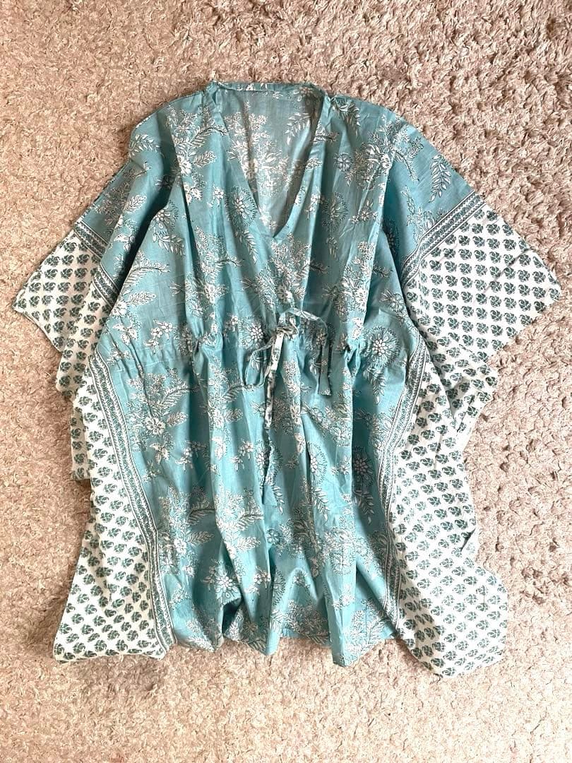 リーフs様　　ショートカフタン　チュニック　くすみターコイズブルー