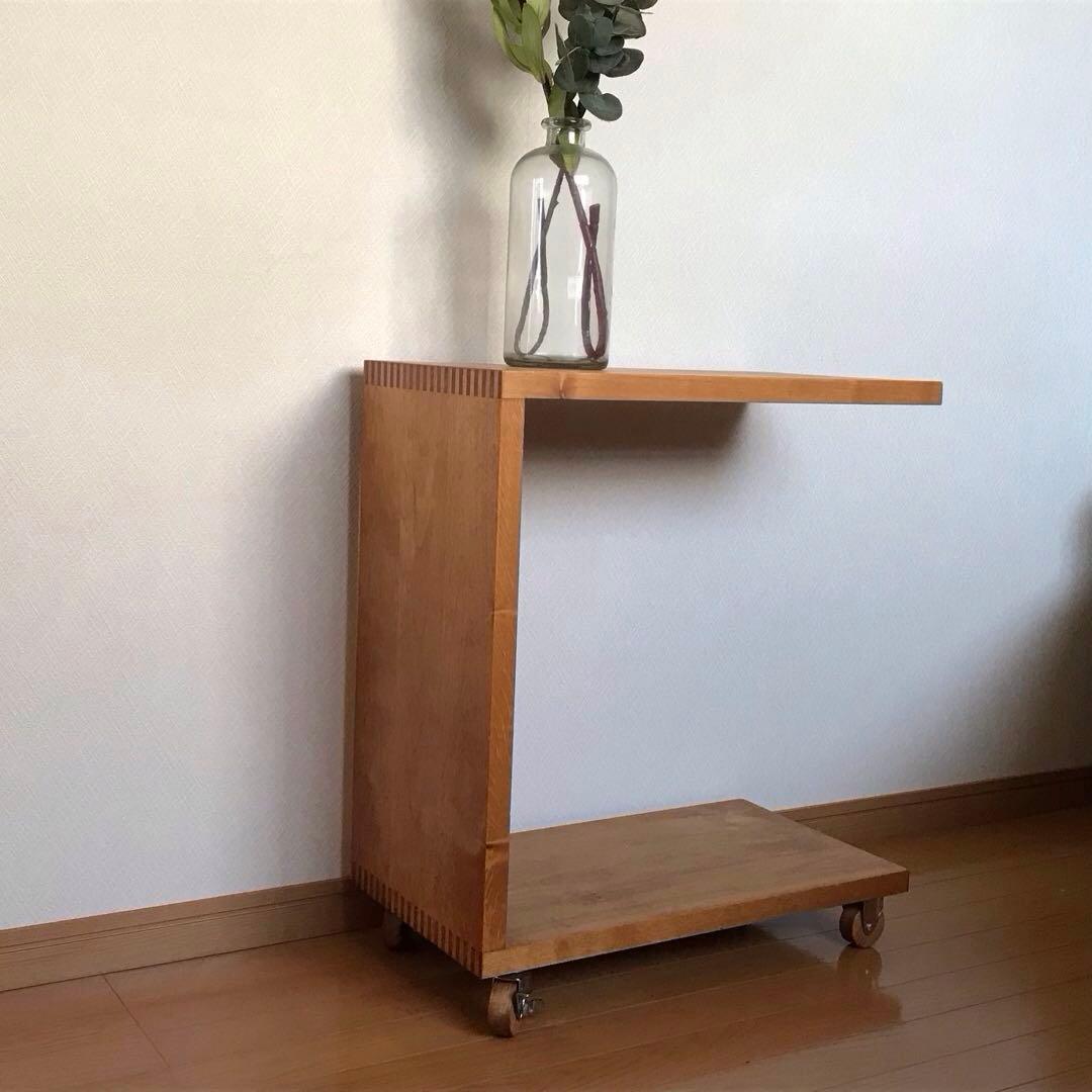 コの字 サイドテーブル キャスター付 木製 和モダン ベッドサイド ビンテ ージ