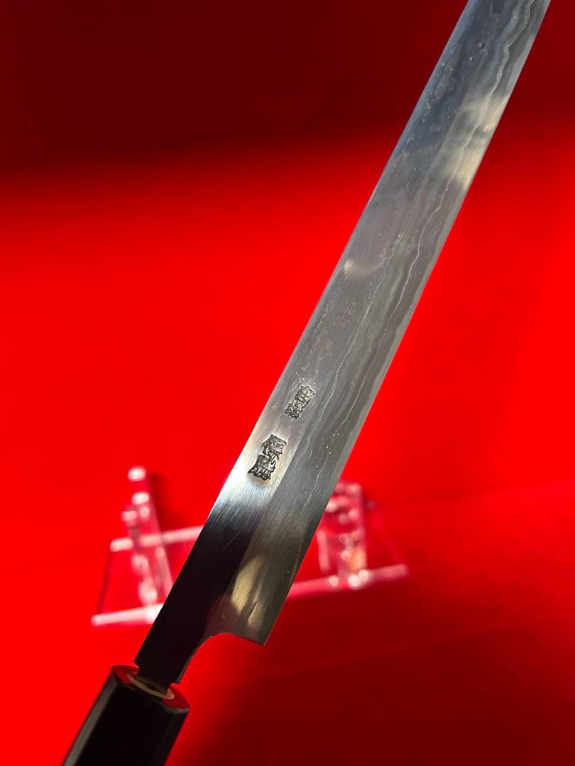 01586 包丁　剣型切付　保勝　津軽打刃物　練鉄　墨流し　尺　箱付　未使用品