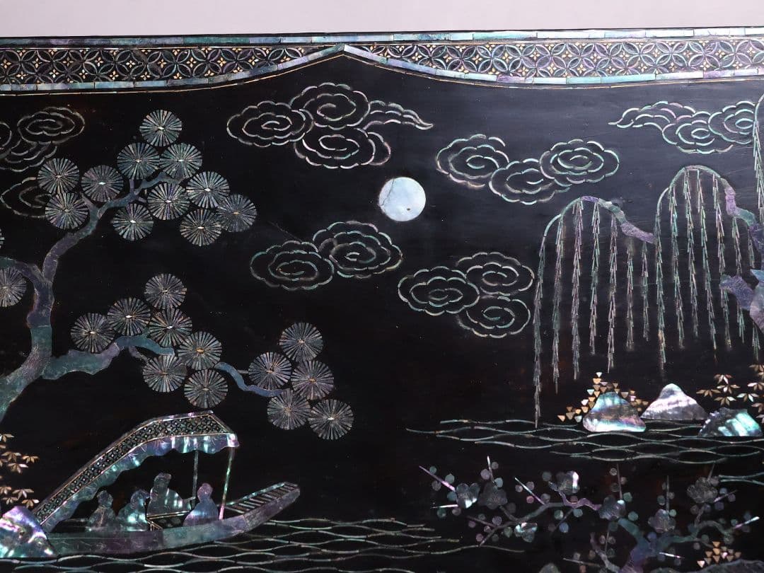 時代唐物 青貝螺鈿細工 楼閣人物 平卓 花台 香炉台 58cm 木製【MA624