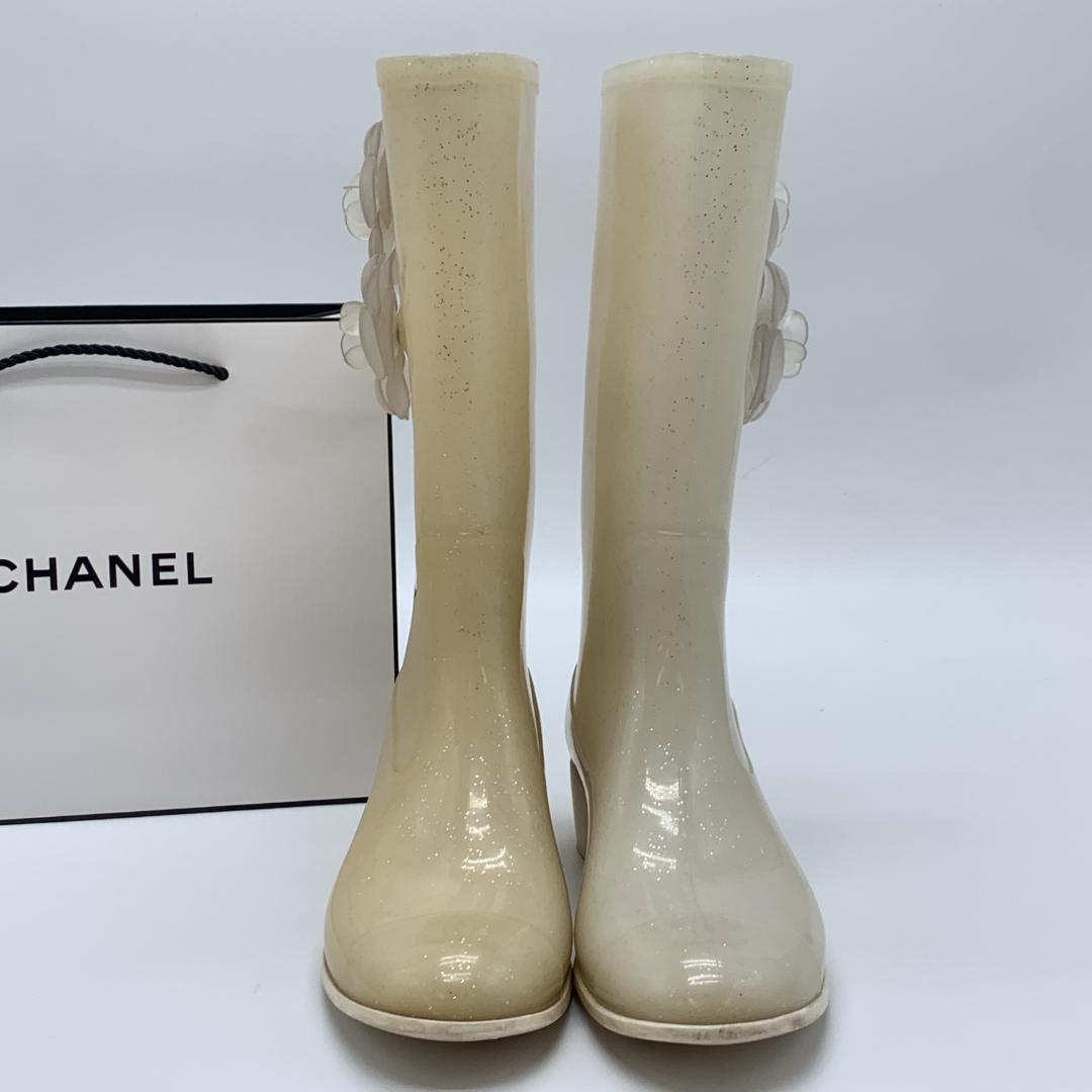 シャネル カメリア装飾 ココマーク ラメ レインブーツ サイズ39 ホワイト