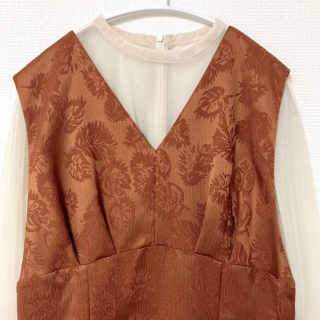 美品　人気　エメ　チュールブラウス付きジャカードIラインパーティードレス　L