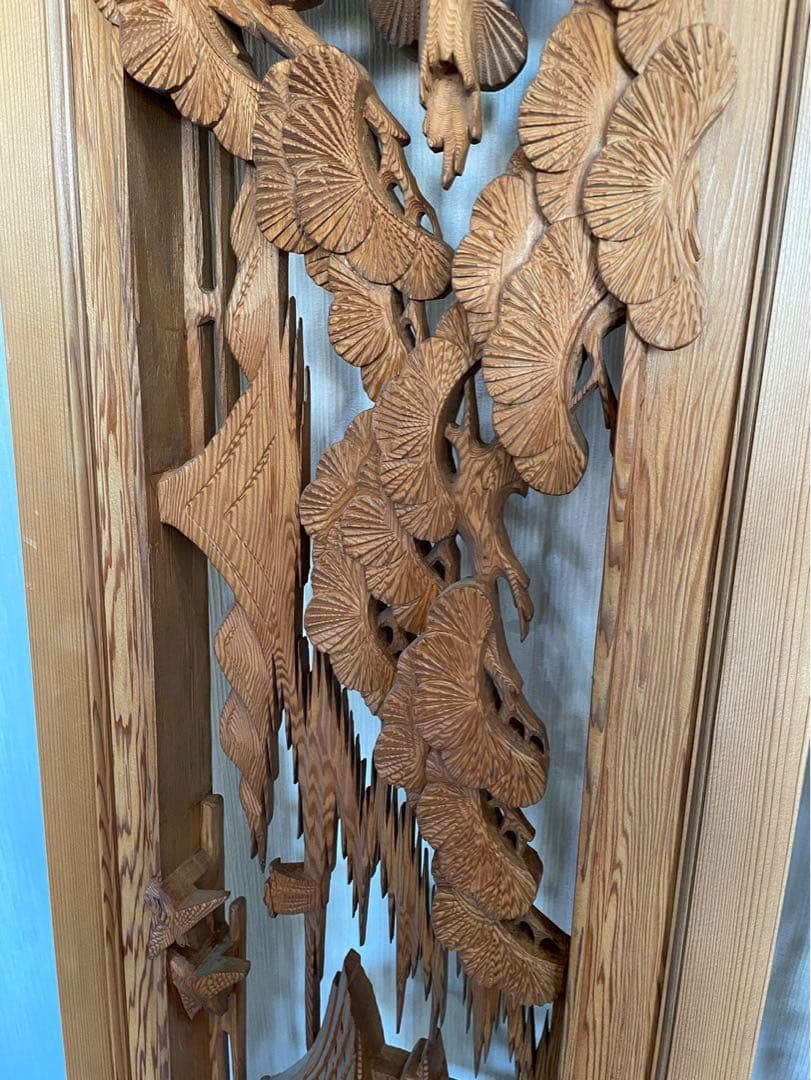 欄間　二枚組　木彫り　彫刻　松