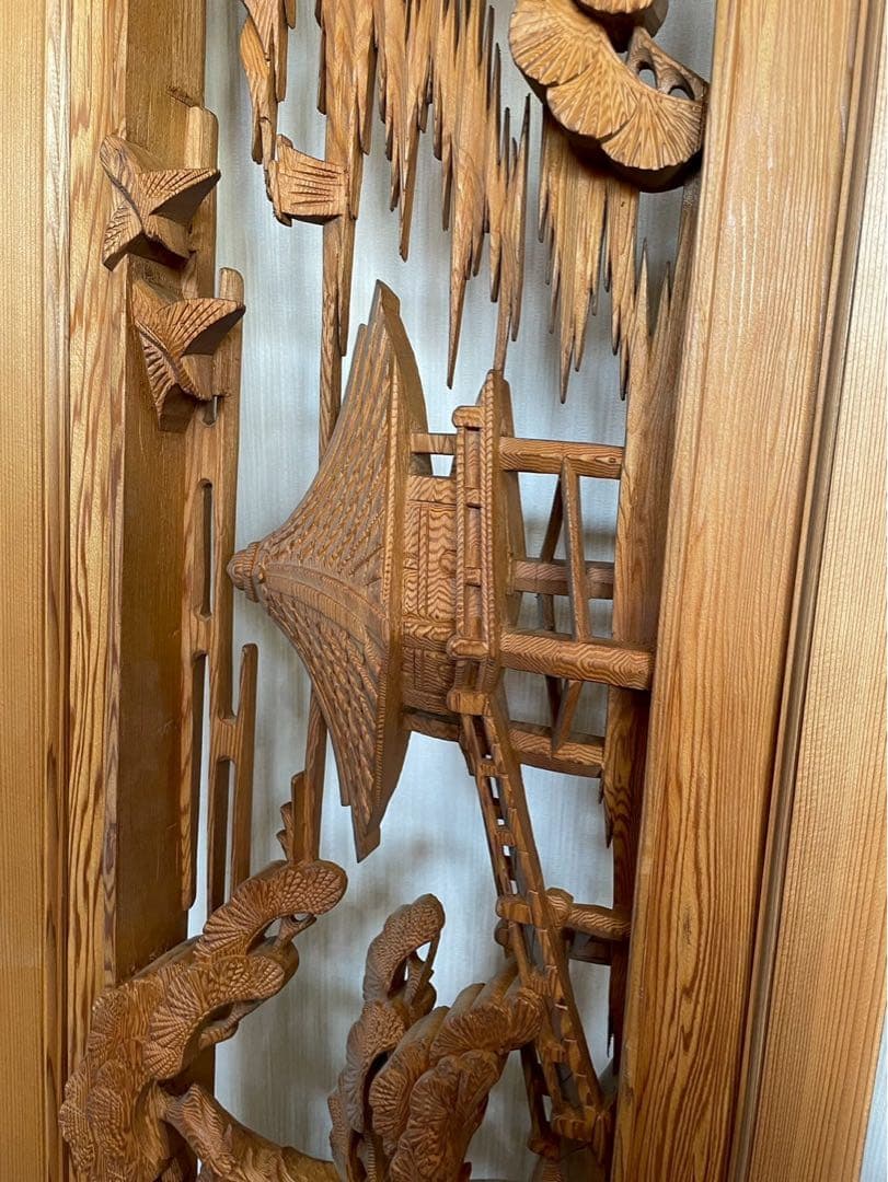 欄間　二枚組　木彫り　彫刻　松