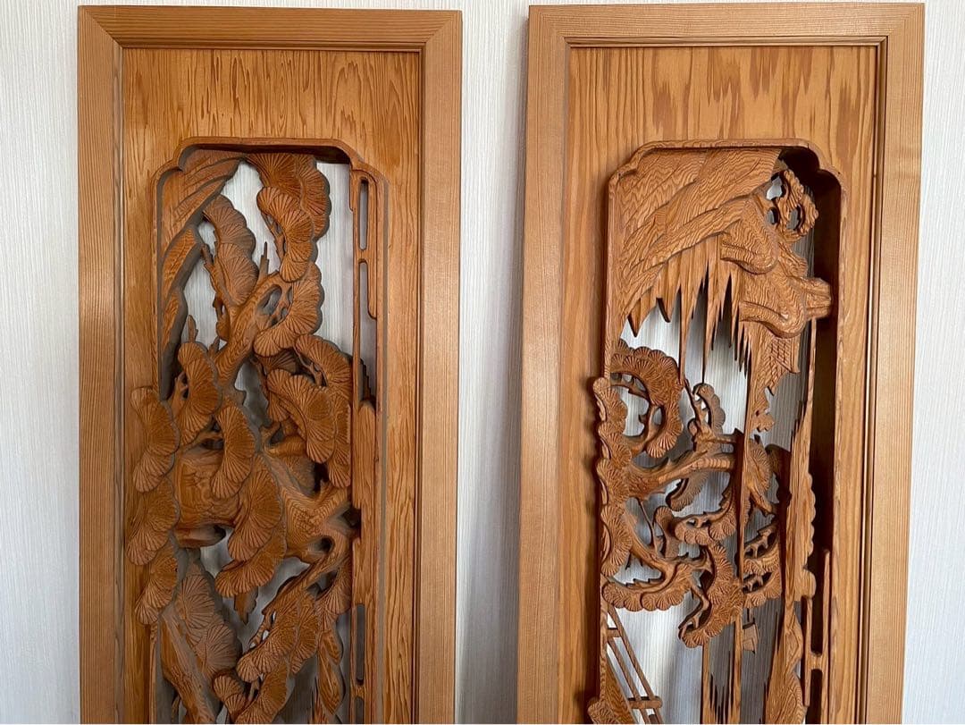 欄間　二枚組　木彫り　彫刻　松