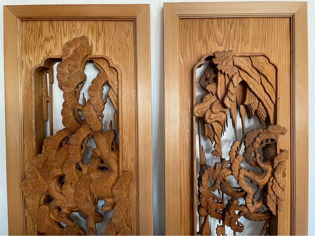 欄間　二枚組　木彫り　彫刻　松