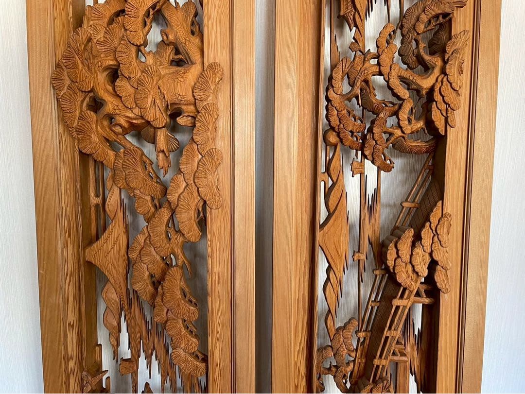 欄間　二枚組　木彫り　彫刻　松