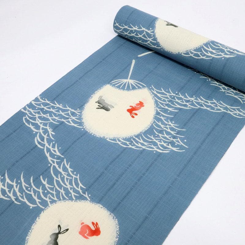 《綿麻紅梅◆浴衣反物■うちわにうさぎ露芝模様◆ブルー■夏着物■反25-35》