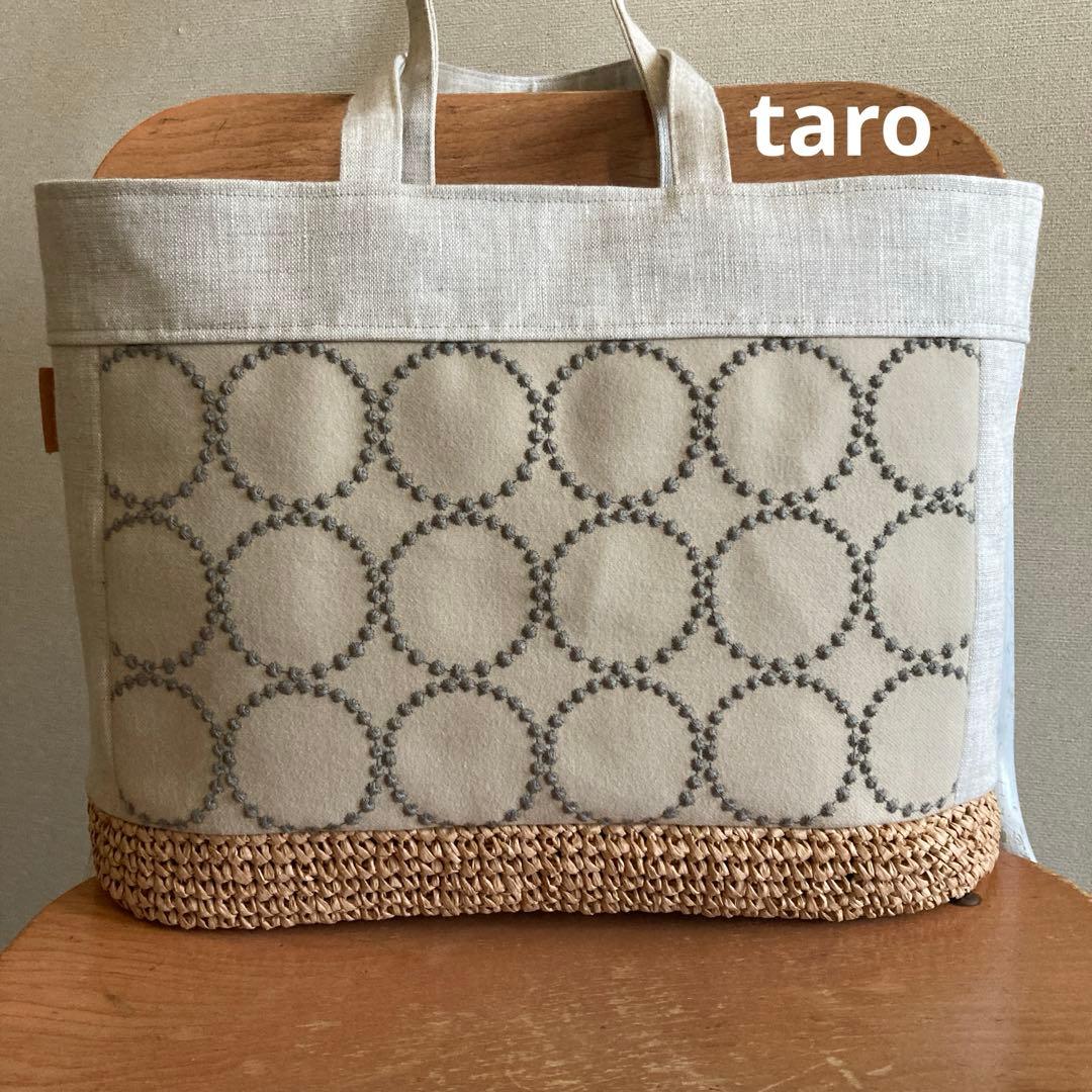 タンバリン+ピースパッチ　かご編付横長トートバッグ　ミナペルホネン　ハンドメイド