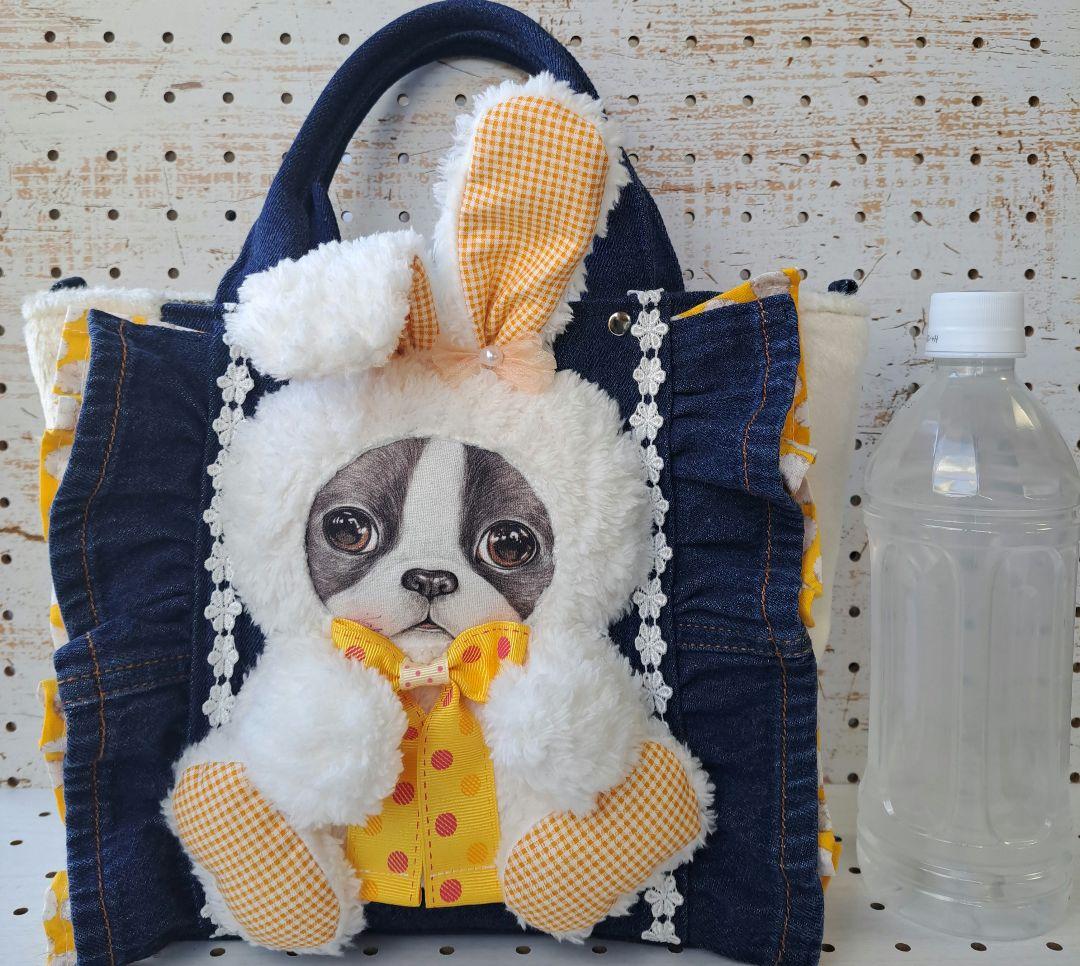 琉*茶様 コヤンイサムチョン　バニー　デニムリメイクフリルトートバッグ