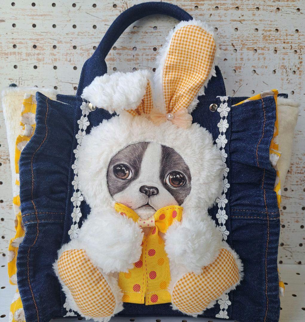琉*茶様 コヤンイサムチョン　バニー　デニムリメイクフリルトートバッグ