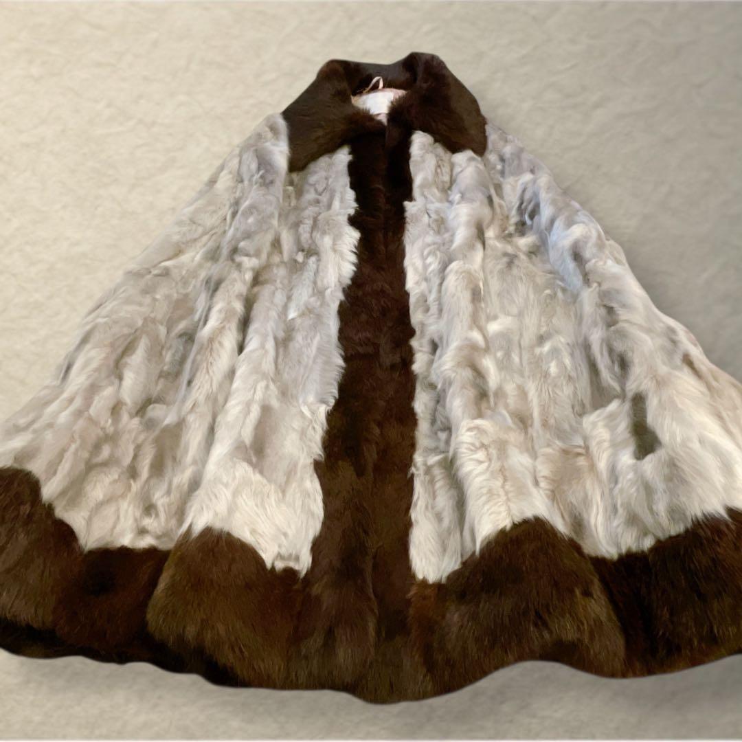 巻き毛ラム×ラビット ケープコート グレー×ブラウン リアルファー 裏地難あり