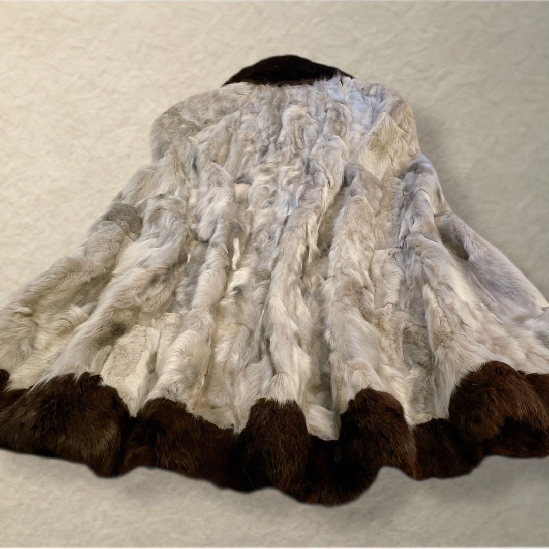 巻き毛ラム×ラビット ケープコート グレー×ブラウン リアルファー 裏地難あり