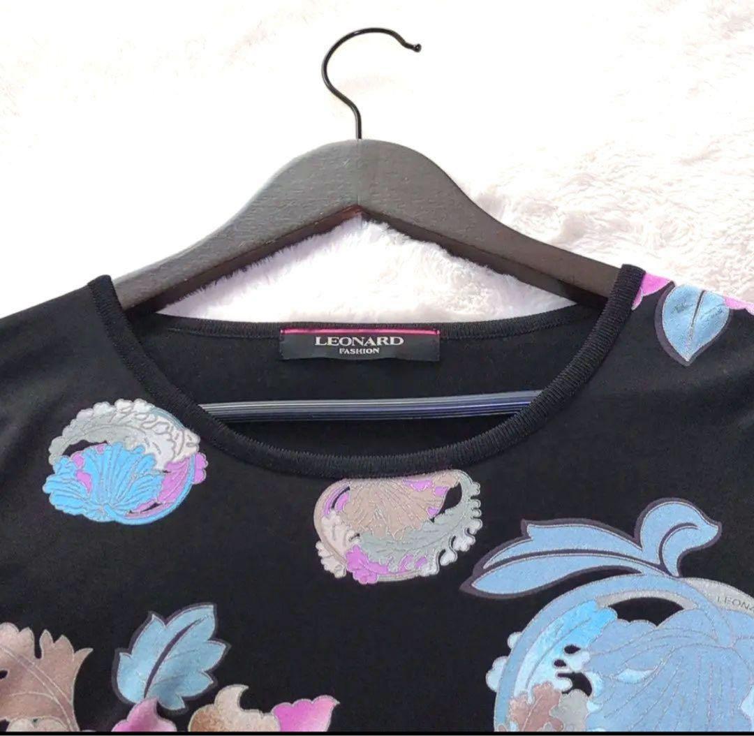 タイムセール【美品】レオナール　カンカン素材　黒　花柄　トリム　ピンク　水色40