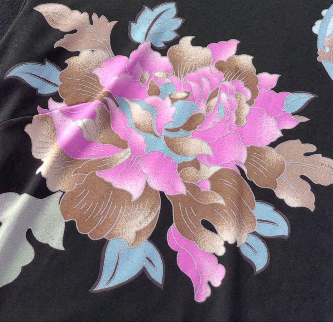 タイムセール【美品】レオナール　カンカン素材　黒　花柄　トリム　ピンク　水色40