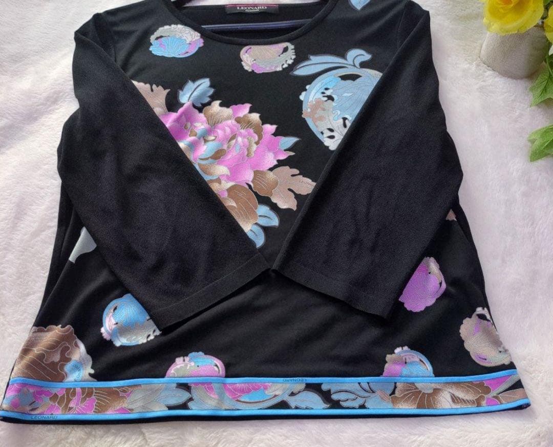 タイムセール【美品】レオナール　カンカン素材　黒　花柄　トリム　ピンク　水色40