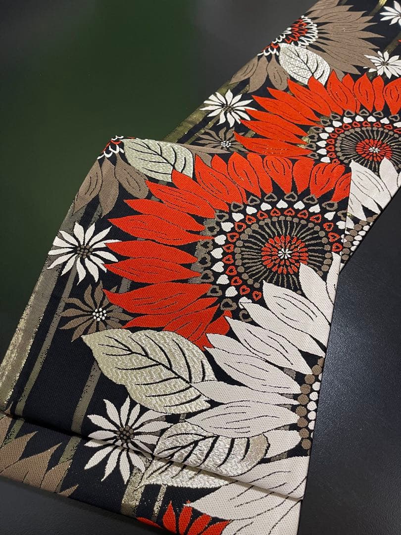 お仕立て付き【西陣織袋帯◆大輪の花】黒 赤 白 銀 金