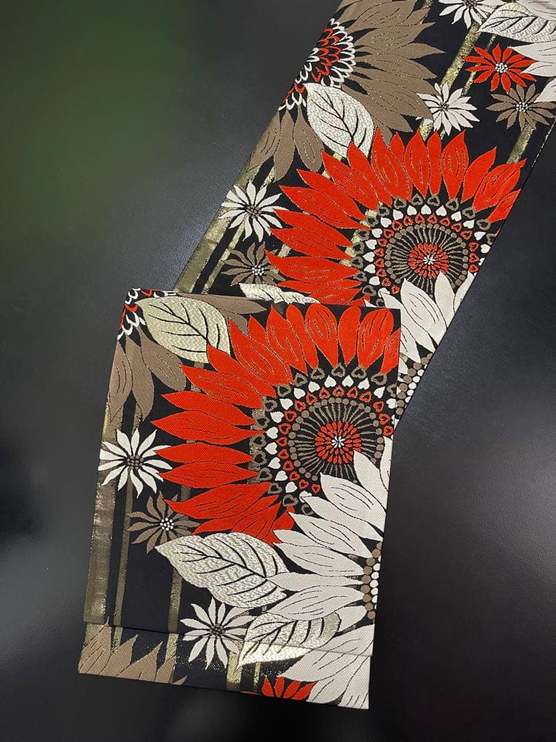 お仕立て付き【西陣織袋帯◆大輪の花】黒 赤 白 銀 金