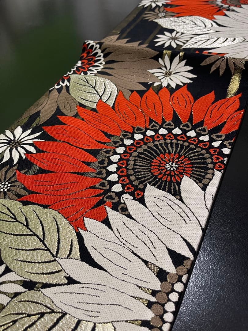 お仕立て付き【西陣織袋帯◆大輪の花】黒 赤 白 銀 金