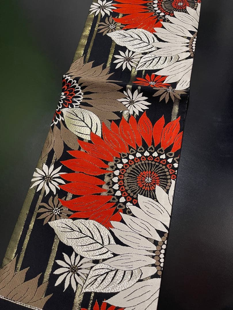 お仕立て付き【西陣織袋帯◆大輪の花】黒 赤 白 銀 金