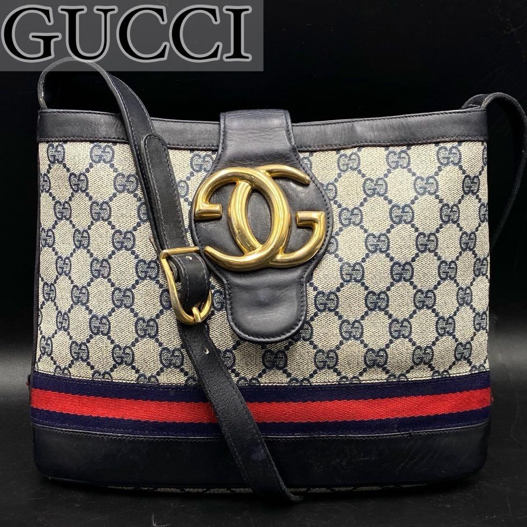 グッチ GG柄 シェリーライン ロゴ ショルダーバッグ ネイビー レザー