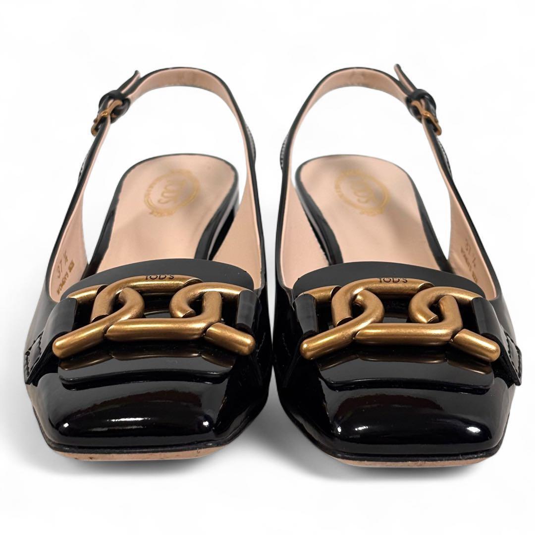 美品 トッズ 37 1/2 24.5 ケイト エナメル ミュール ブラック 黒