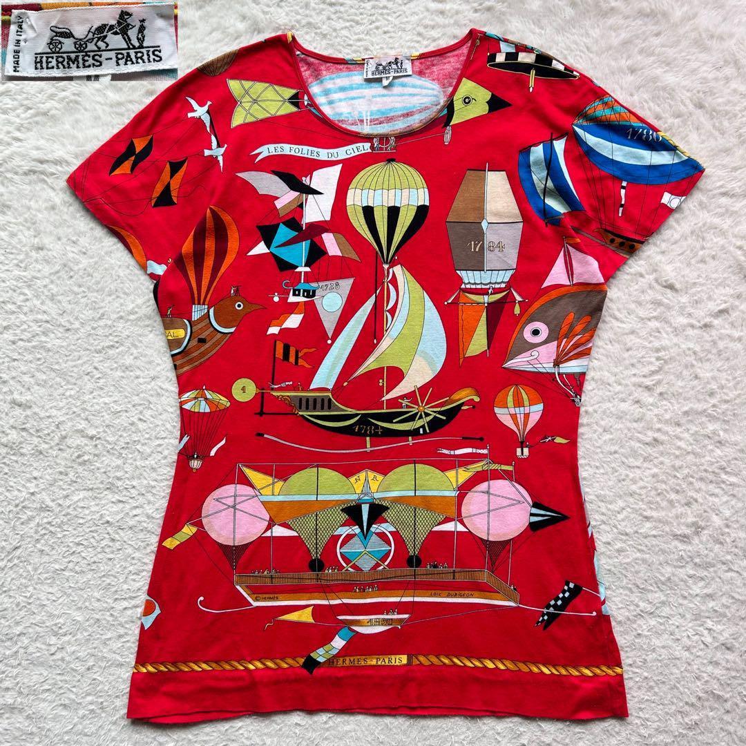 【美品】エルメス Tシャツ 気球 飛行船 大空の狂気 レッド M ヴィンテージ