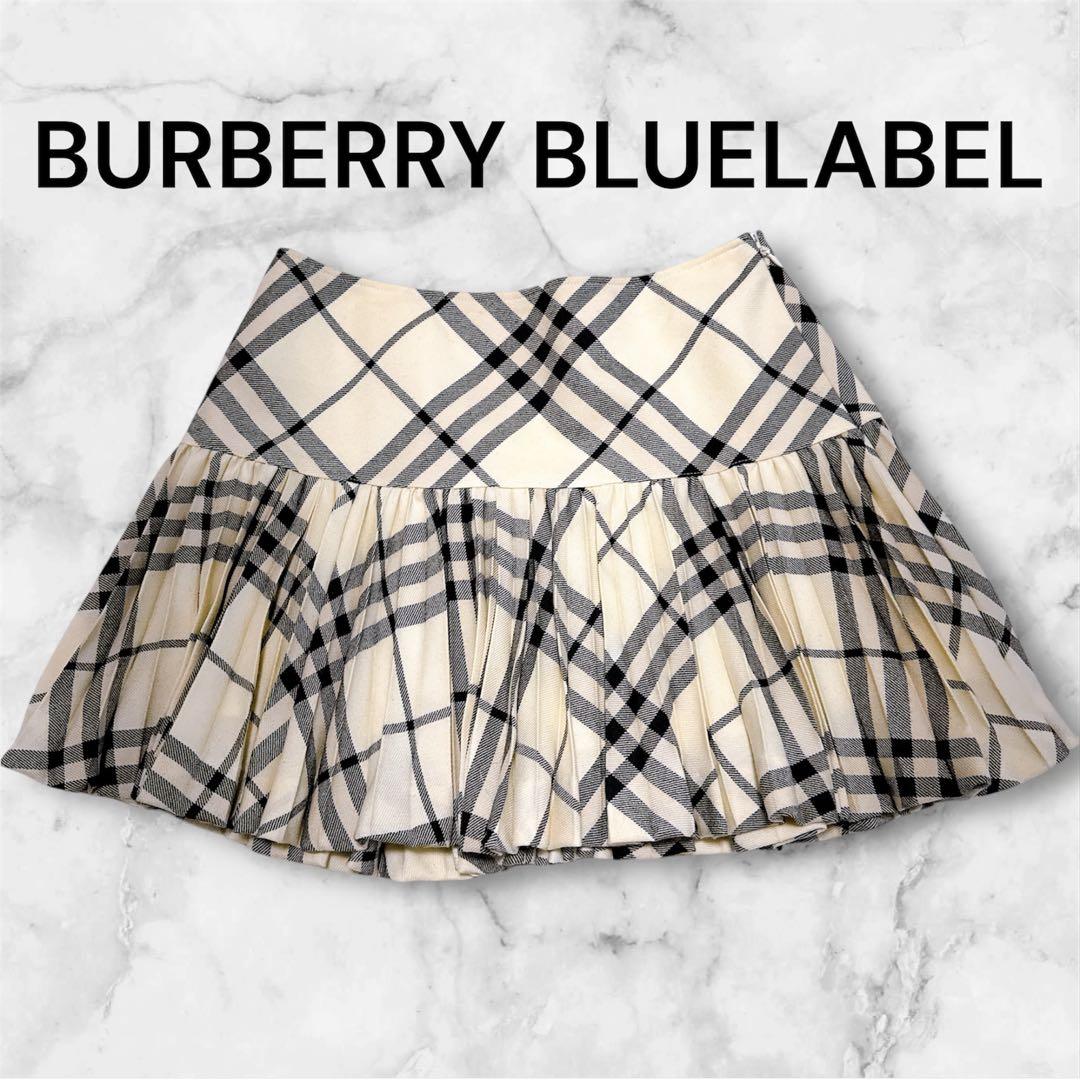バーバリーブルーレーベル ミニスカート プリーツ　ノバチェック　ホワイト ウール