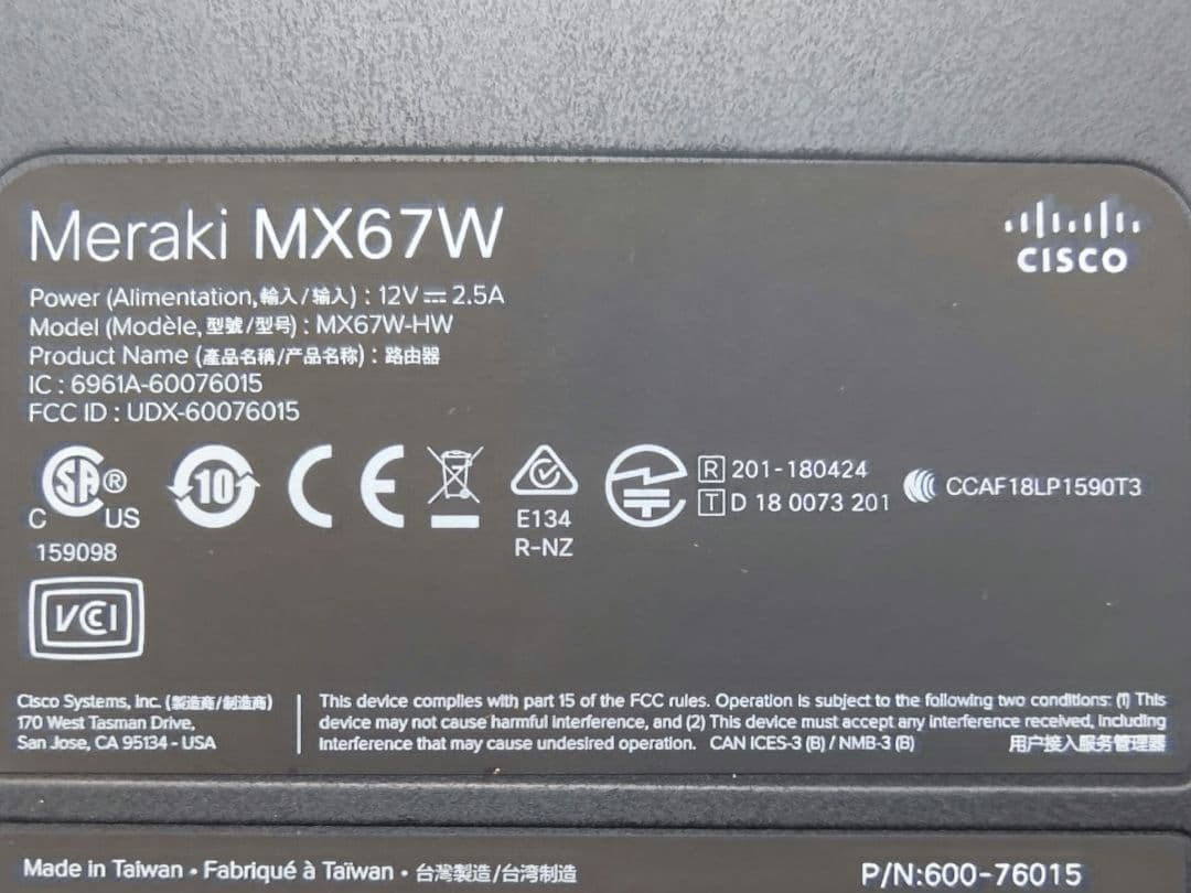 ルーター・ネットワーク機器 Cisco Meraki MX67W