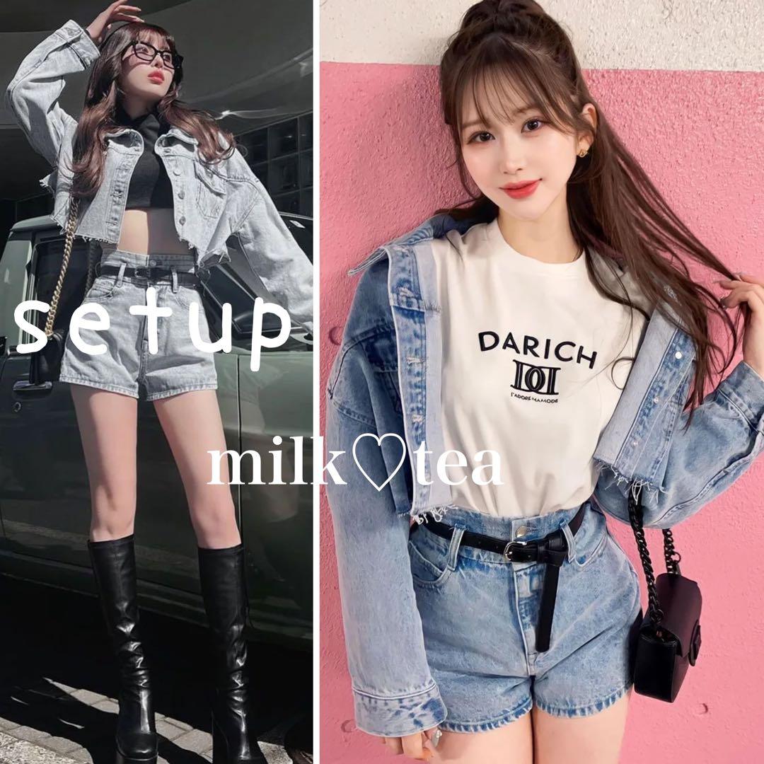 新品タグ ドロップショルダーショートGジャン ハイウエストデニムショートパンツ