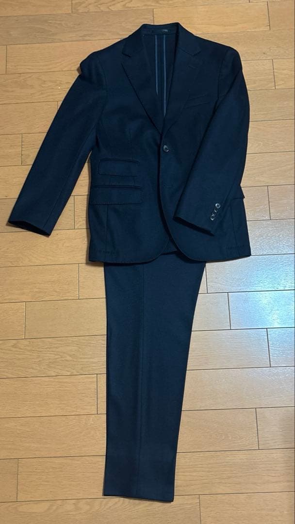 本日限定価格azabutailorネイビービジネススーツ(ジャージスーツ)